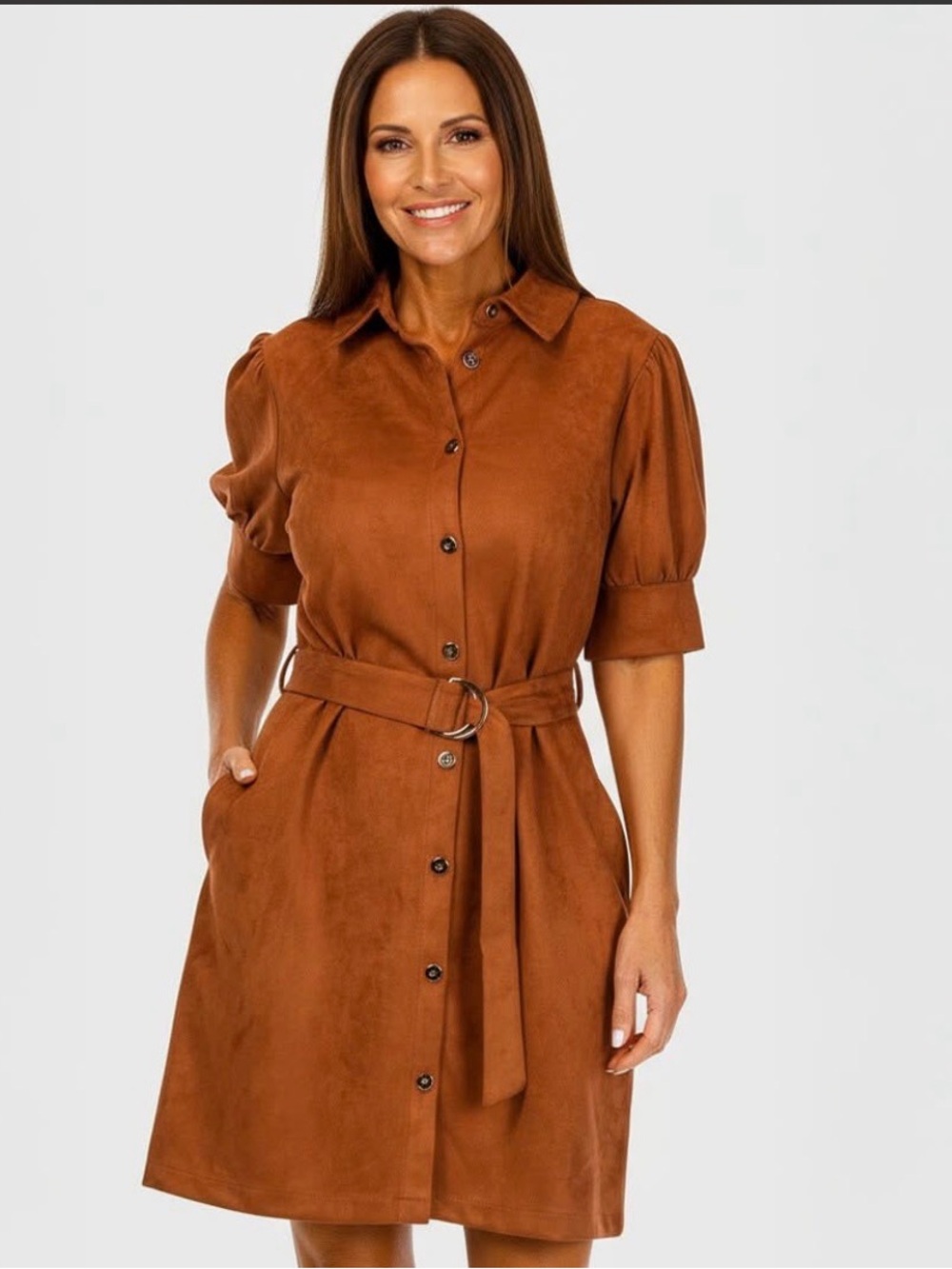 Adrienne Vittadini Cognac Faux Suede Belted Shirtdress.